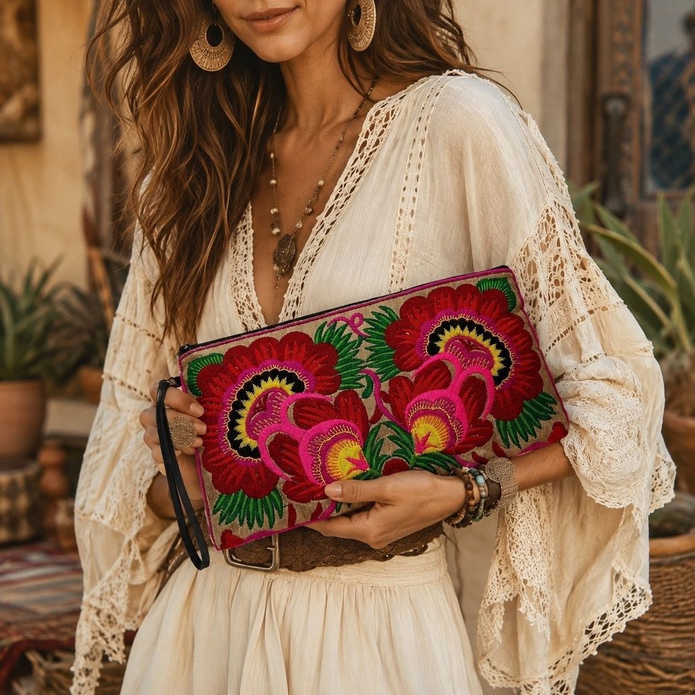 135 Sam Well Embroidered Floral Wristlet Clutch Boho Folk Art Colorful Statement
